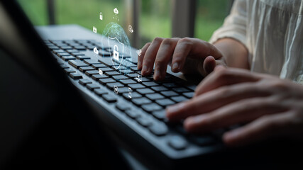 Poster - cyber security protects against breaches, hacks, and network attacks using strong infrastructure and