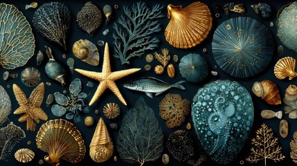 Aufkleber - Underwater life features colorful fish swimming amidst coral and seashell formations in the deep ocean