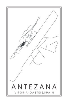 Hand drawn printable downtown road map poster of district ANTEZANA of the Spanish city of VITORIA-GASTEIZ on solid white background with city name