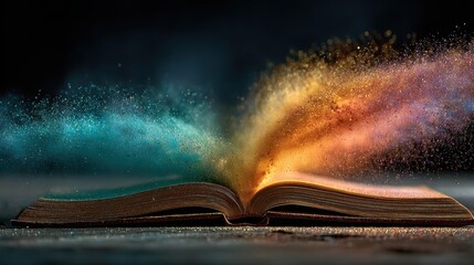 Poster - Open book with glowing particles emanating from pages creating colorful abstract forms