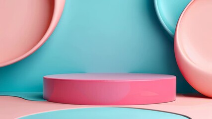 Fototapete - Elegant Display Podium with Aesthetic Appeal: A minimalist podium stands in a modern, pastel-colored setting, creating a visually stunning backdrop for product presentations and artistic compositions.