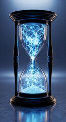 Poster - Hourglass with glowing blue energy inside, symbolizing time, energy, or a fleeting moment.  Dark wood base adds a sense of mystery and antiquity.