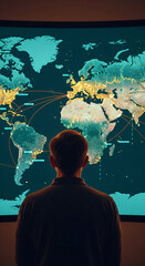 Poster - Person views illuminated world map displaying global connections, symbolizing international communication, networking, or data visualization