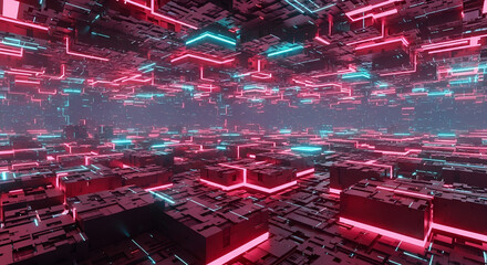 Vast digital landscape of a futuristic server farm with glowing red and cyan neon circuits. Abstract technology background concept.