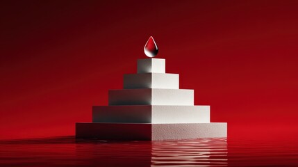 Poster - Crystal pyramid with water droplet rests on a vibrant red surface, casting a distinct shadow, illuminated by studio lighting
