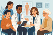© Sara - Diverse patients receiving personalized healthcare consultation from medical team. Doctors, nurse, family, elderly woman in clinic discussing diagnosis, treatment, prescription. Vector illustration