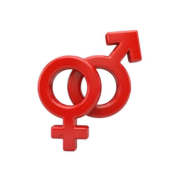 Glossy red intertwined gender symbols representing male and female on a transparent backdrop, suitable for diverse projects, transparent background