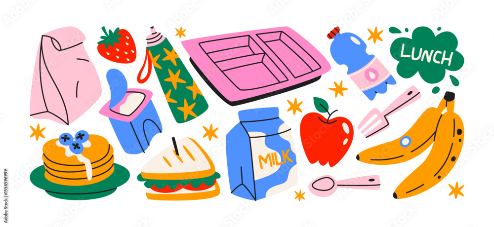 Lunch and snack stickers set. Cartoon takeout boxes, sandwiches, drinks ...