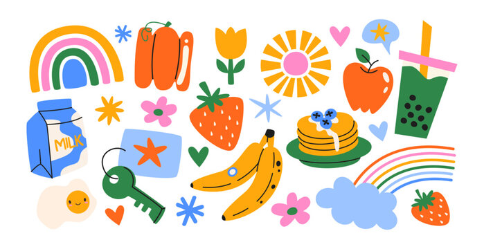Retro hippie stickers 90s. Cartoon bright psychedelic elements, funky shapes, animals,fruits, vintage. Trendy doodle labels, patches, stamps