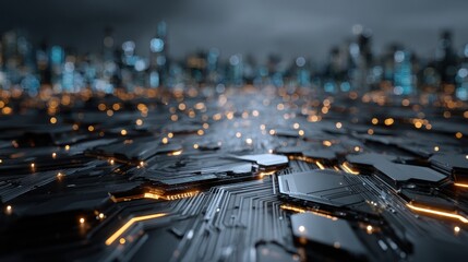 Poster - Abstract technology background featuring central illuminated translucent cube on circuit board surface with surrounding dark geometric shapes