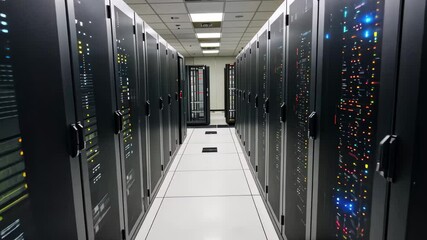 Poster - High technology data center showcasing rows of servers illuminated by colorful LED lights in an organized layout
