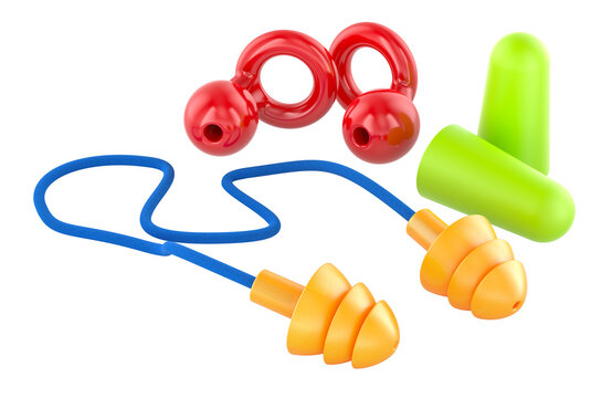 Set of colorful earplugs different shapes. Red ring-shaped, green cylindrical and orange corded, representing noise reduction and hearing protection, 3d rendering isolated on transparent background