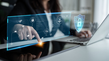 Poster - cyber security protects against breaches, hacks, and network attacks using strong infrastructure and
