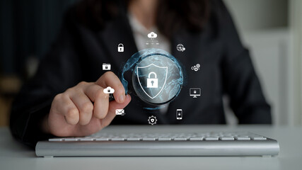 Poster - cyber security protects against breaches, hacks, and network attacks using strong infrastructure and