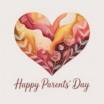 Happy Parents' Day greeting card, heart silhouette, warm colors, elegant design, handwritten font, love, vector art

