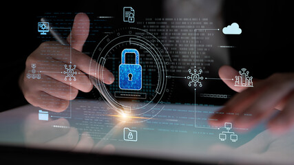 Poster - cyber security protects against breaches, hacks, and network attacks using strong infrastructure and