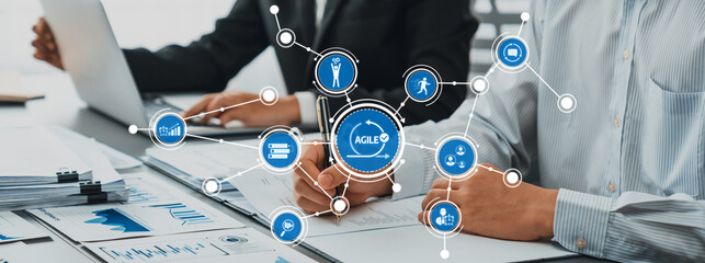 Poster - Explore a modern office scene illustrating collaboration and agile methodology, showcasing teamwork and technological integration with digital icons for effective business performance. Amity