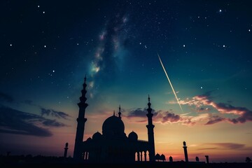 Wall Mural - Stunning meteor shower above silhouette of mosque at night, glowing sky, peaceful spiritual atmosphere.