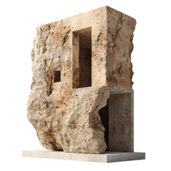 Poster - This unique sculpture features large, textured rock with modern, minimalist design, showcasing blend of natural and architectural elements