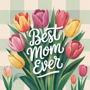 Parents Day greeting card, hand lettering, tulip flowers, checkered background, elegant, colorful, vector, spring style.
