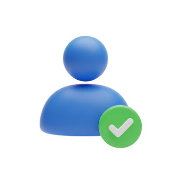 Blue avatar with green check mark, d render, profile picture, user verified, account icon isolated on transparent background