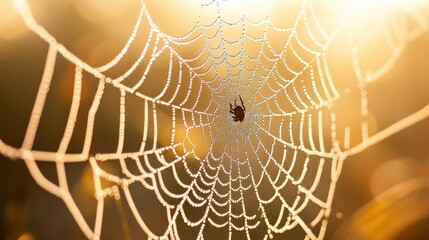 A spider rests on a dewy web in soft sunlight