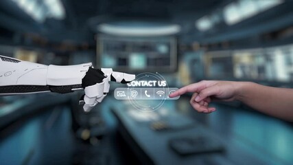 Poster - A modern workspace showcasing a digital communication interface. A robot hand reaches out to connect with a human finger, symbolizing innovation and interaction in technology. Auvana
