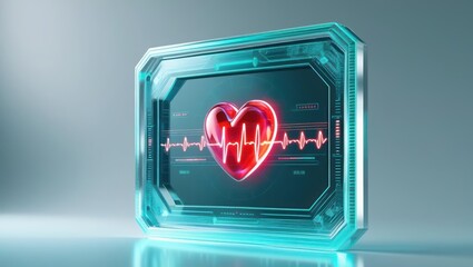 Poster - Advanced futuristic health monitor device displaying a glowing red heart with detailed ECG readings inside a transparent high-tech enclosure with sleek digital interface