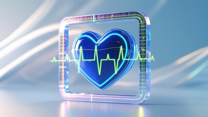 Poster - Futuristic digital heart health monitor display with glowing blue heart icon and cardiogram wave on transparent screen in high-tech healthcare environment