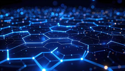 Poster - Abstract futuristic glowing blue hexagonal grid network with connected lines and points demonstrating digital technology and innovation in a high-tech environment