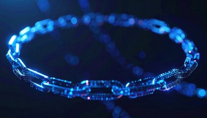 Poster - Illuminated futuristic chain necklace made of glowing blue digital links, high-tech style jewelry with vibrant light effects on dark background