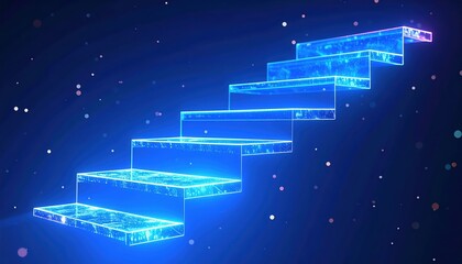 Poster - Futuristic glowing digital step staircase representing progress technology innovation and advancement in a neon theme with starry night background