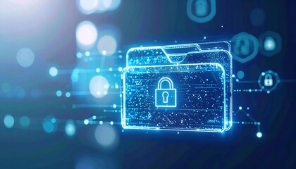 Poster - Digital security concept featu a glowing holographic padlock icon on a futuristic transparent tablet screen with digital data and security technology imagery