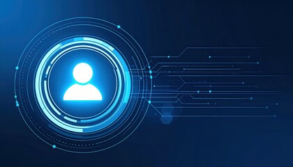 Poster - Futuristic digital user interface with glowing person icon and network connections representing technology communication and data connectivity