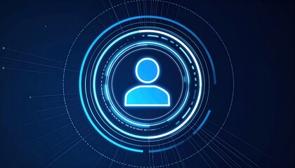 Poster - Futuristic digital user icon surrounded by glowing concentric circles and data lines representing technology connectivity and digital identity concept