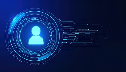 Poster - Digital user interface with glowing profile icon surrounded by technological data and connection lines, futuristic digital technology concept background