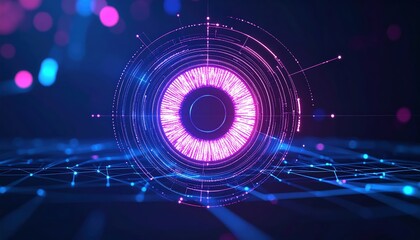 Poster - Futuristic glowing digital circular interface with vibrant neon lights and connecting data lines representing technology, innovation, and digital networks