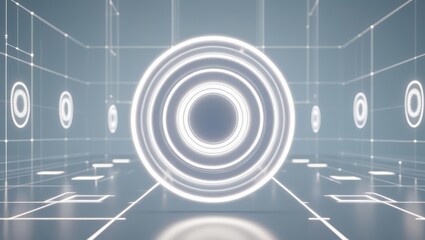 Poster - Futuristic digital tunnel with glowing concentric circles and high-tech grid background representing technology innovation and virtual reality environment