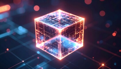 Poster - Futuristic glowing holographic cube with digital grid and vibrant neon light effects representing technology innovation and virtual reality concept