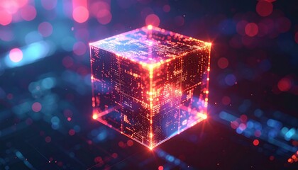 Poster - Futuristic glowing digital cube with vibrant neon lights and intricate circuitry pattern representing advanced technology and innovation in a dynamic cyber space setting