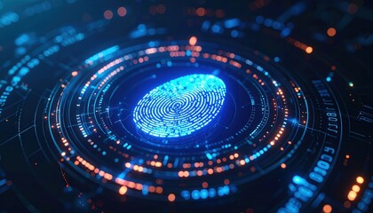 Poster - Futuristic fingerprint scanning technology with glowing blue biometric pattern and digital data circles on dark background for security and identification