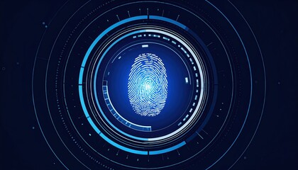 Poster - Digital fingerprint scan in a futuristic high-tech interface with circular data overlays and glowing blue biometric authentication visual