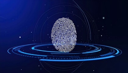 Poster - Close-up of a glowing fingerprint surrounded by digital concentric circles and starry background representing biometric security technology