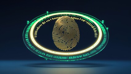 Poster - Close-up of a futuristic digital fingerprint scanner with glowing neon and holographic interface representing biometric security technology