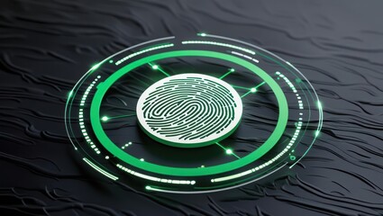 Poster - Futuristic fingerprint scanner on dark textured surface with holographic interface and glowing green digital technology elements for biometric security concept