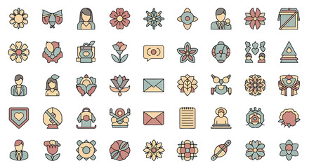 Aufkleber - Vector Icons Set of Assorted Flat Design Icons with Flowers People and Objects. Vector Illustrations. EPS Editable