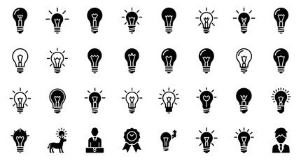 Poster - Vector Icons Set of Black and White Light Bulb Icons Representing Ideas and Innovation. Vector Illustrations. EPS Editable