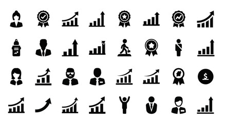 Poster - Vector Icons Set of Black Business and Finance Icons Charts Awards and People Silhouettes. Vector Illustrations. EPS Editable
