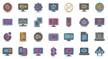 Poster - Vector Icons Set of Collection of 3D Neon Icons Representing Various Digital Concepts and Symbols. Vector Illustrations. EPS Editable