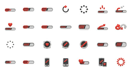 Fototapete - Vector Icons Set of Collection of 3D Red and Grey Loading Progress Bar Icons. Vector Illustrations. EPS Editable